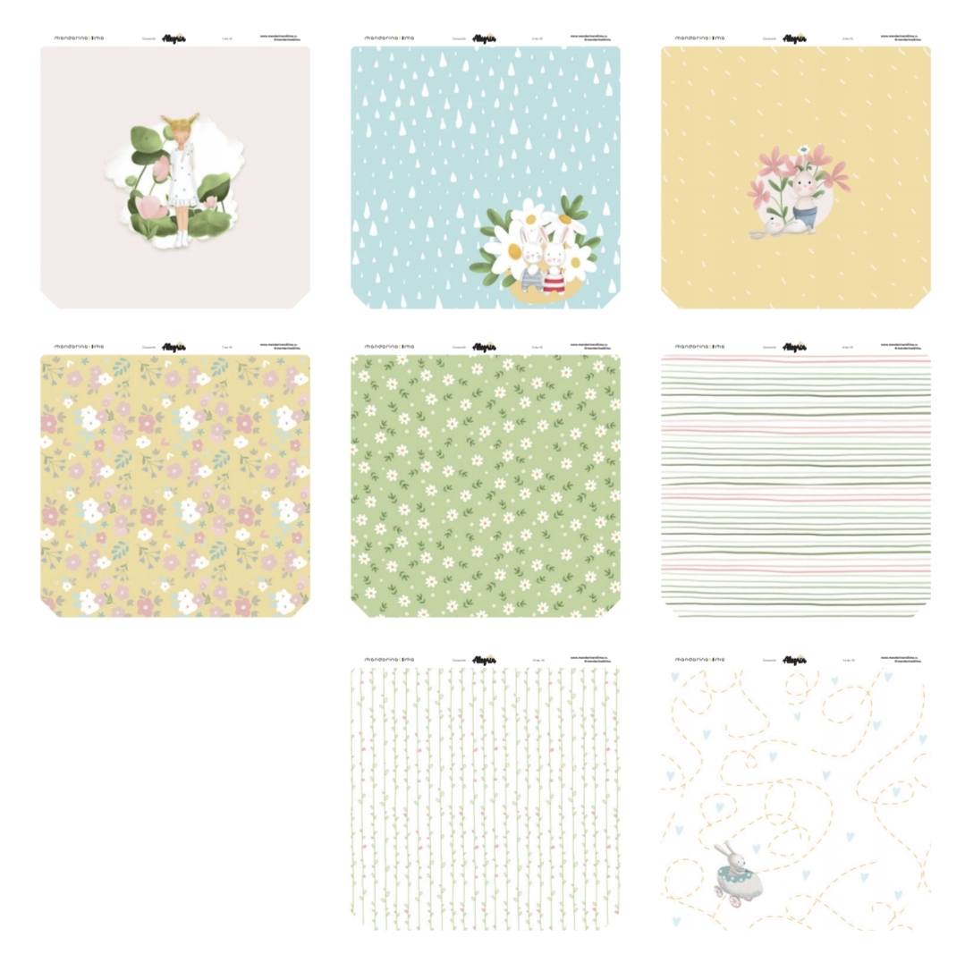 Nove padrões decorativos coloridos com flores, animais e linhas simples.