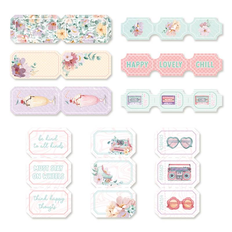 Etiquetas decorativas com temas florais, frases em inglês, gelados, boombox e óculos de sol em tons pastel.