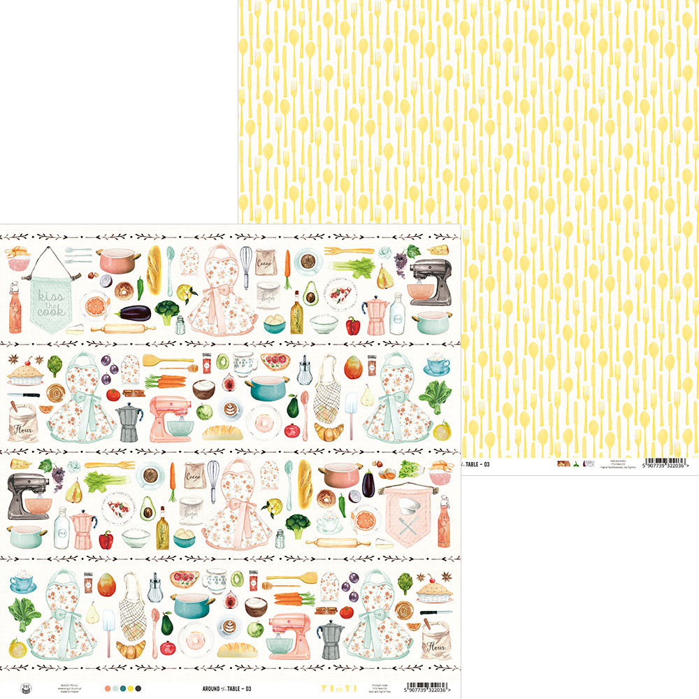 Papel decorativo com padrões de utensílios de cozinha e manchas amarelas