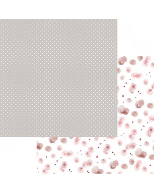 Folha dupla-face com padrão de bolinhas e manchas cor-de-rosa.