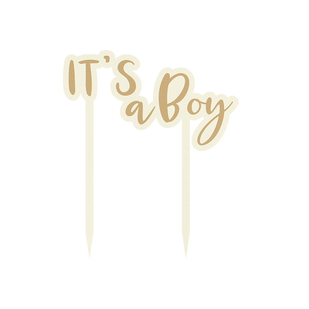 Topo de bolo decorativo com texto IT'S a Boy cor bege