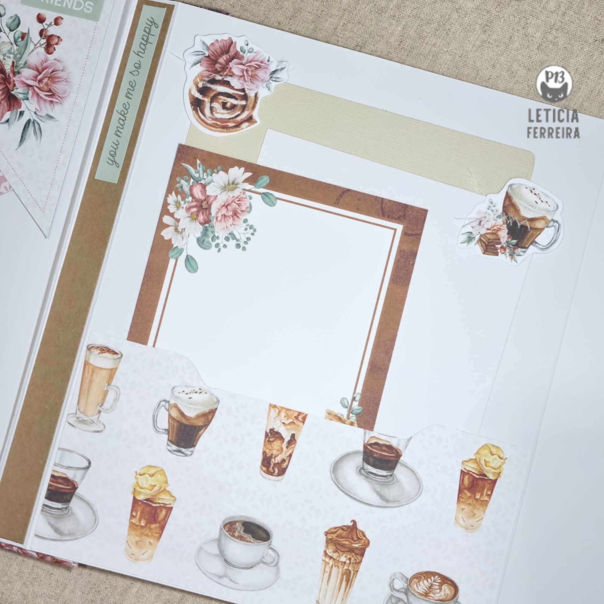 Papel decorativo com flores e ilustrações de várias bebidas de café e texto em inglês.