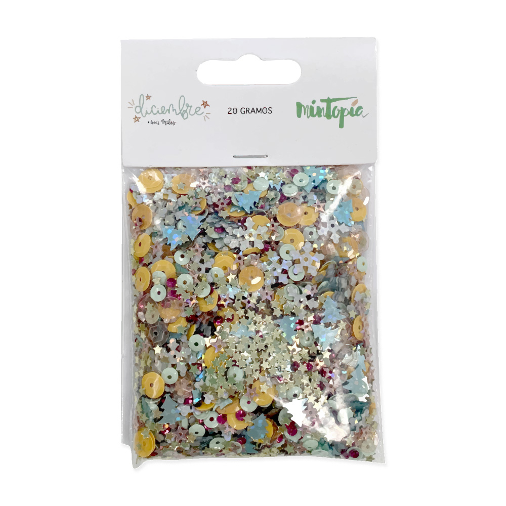 Pacote de lantejoulas coloridas diversas em saco plástico com etiqueta branca