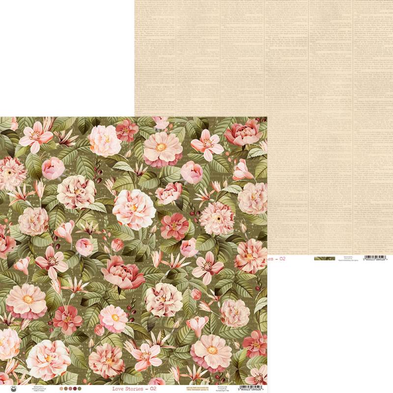 Papel decorativo floral com padrão de flores e folhas em vários tons de rosa, verde e bege
