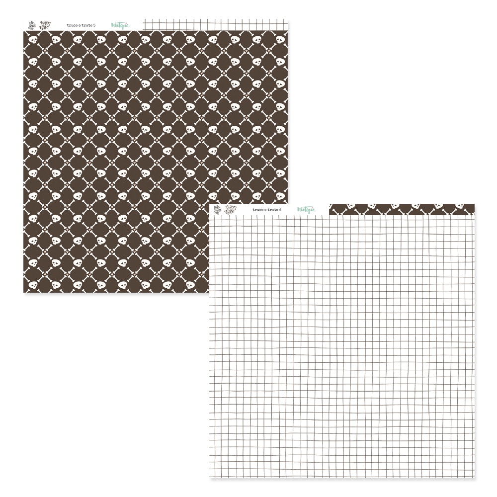 Folha dupla-face de papel para scrapbooking com padrão de caveiras e ossos e lado oposto com padrão de grade.