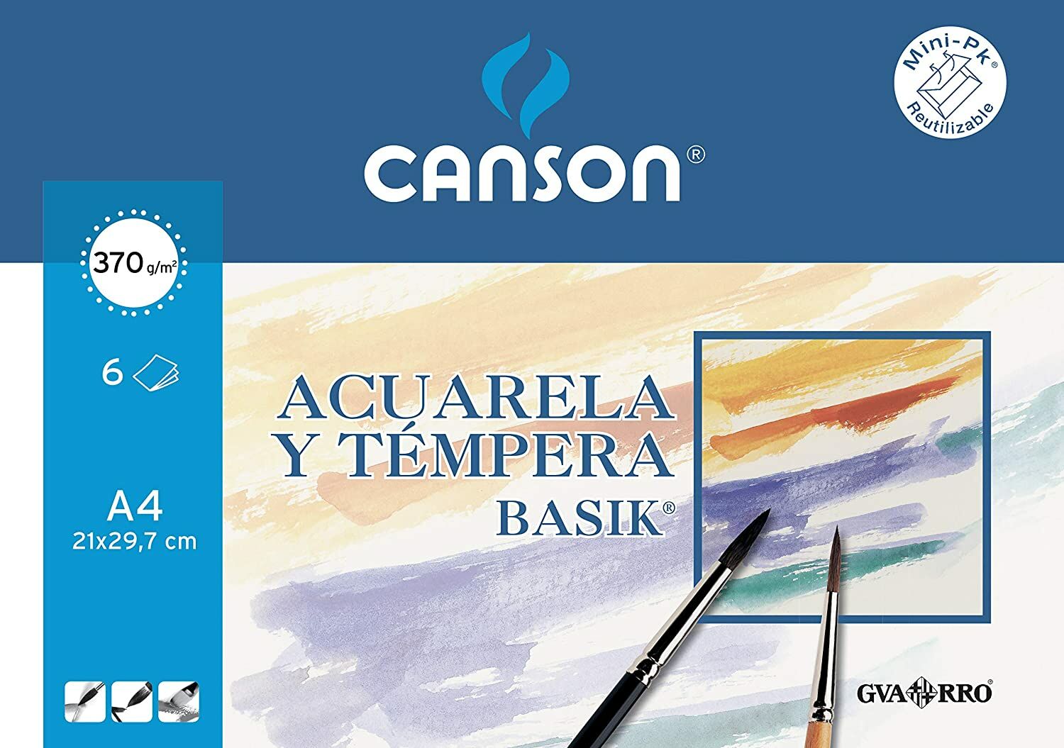 Embalagem de papel para aquarela e témpera Canson Basik A4 com pincéis e pinceladas coloridas