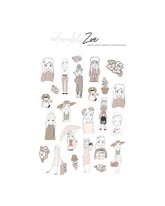 Folha de autocolantes com desenhos de mulheres e flores em tons suaves