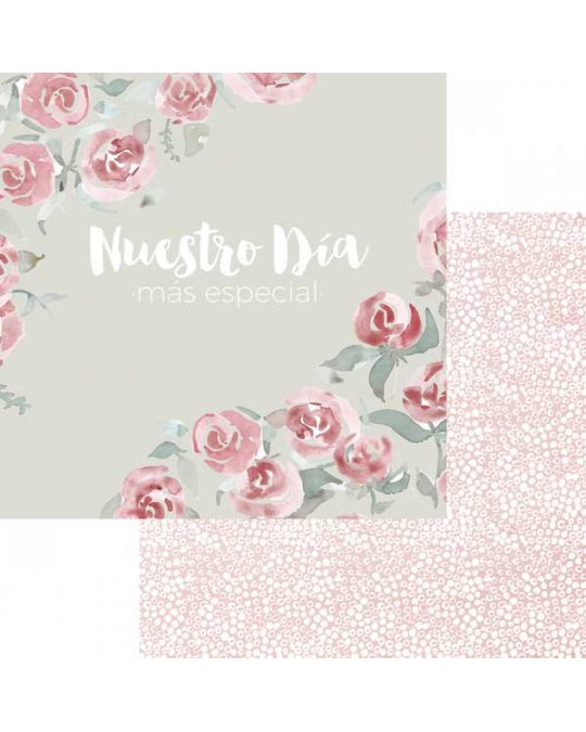 Papel decorativo floral com texto em espanhol e padrão de pontos rosa