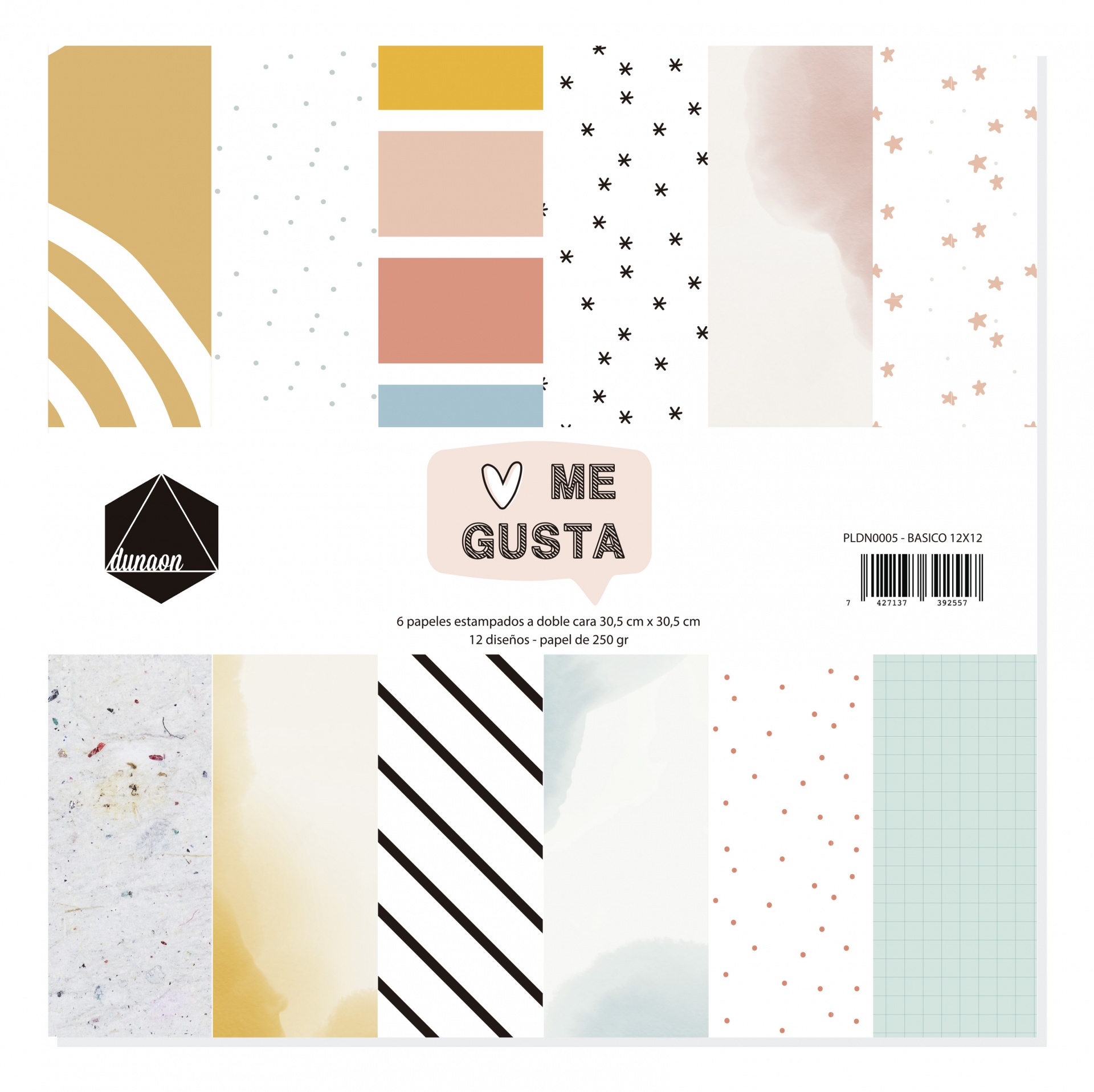 Folhas de papel estampado para scrapbooking com diferentes padrões e cores em fundo branco.