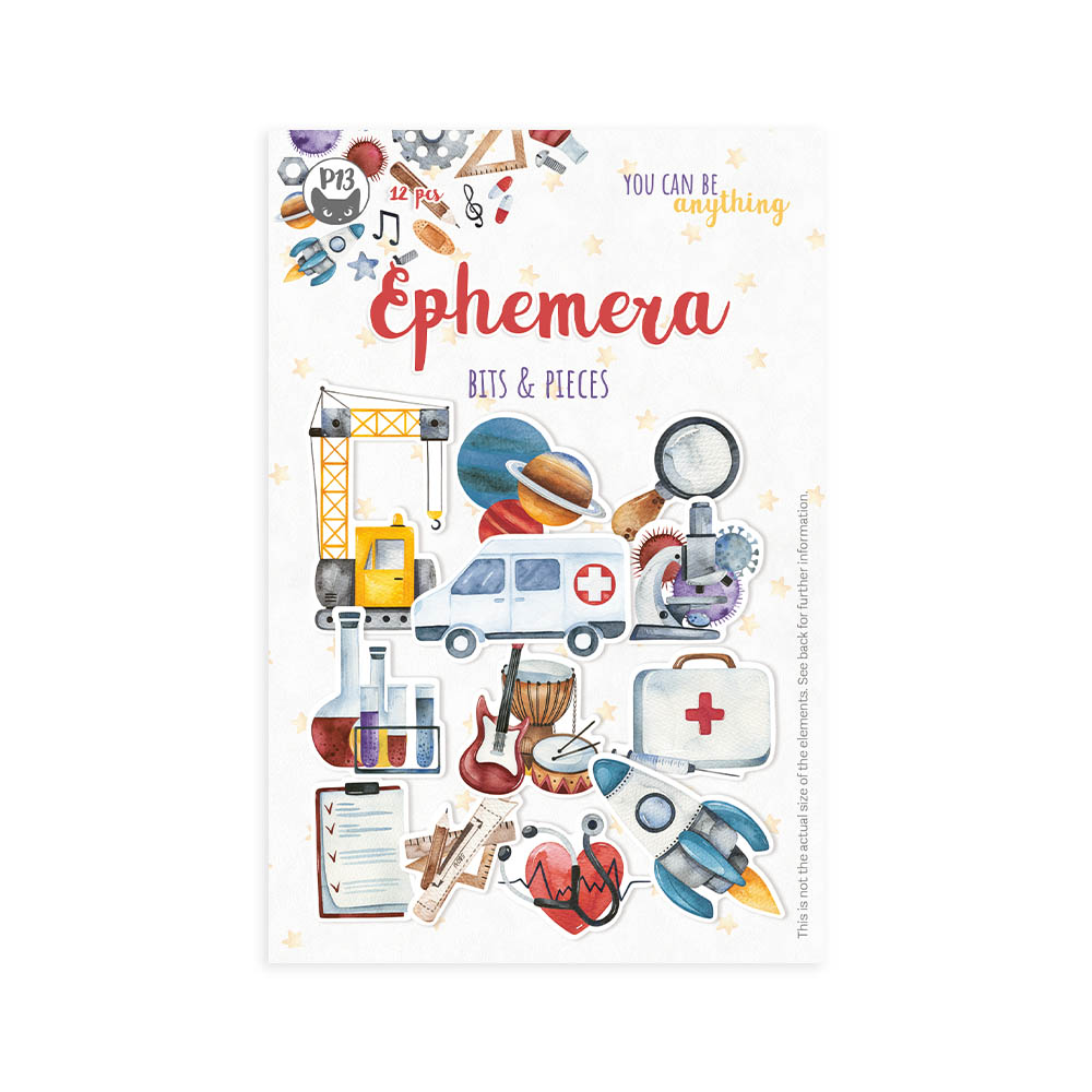 Autocolantes coloridos 'Ephemera Bits & Pieces' com temas de medicina, ciência e música