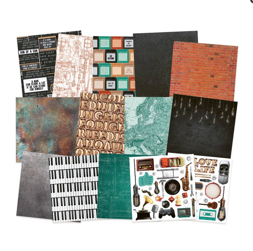 Conjunto de folhas decorativas variadas com padrões musicais e texturas diversas