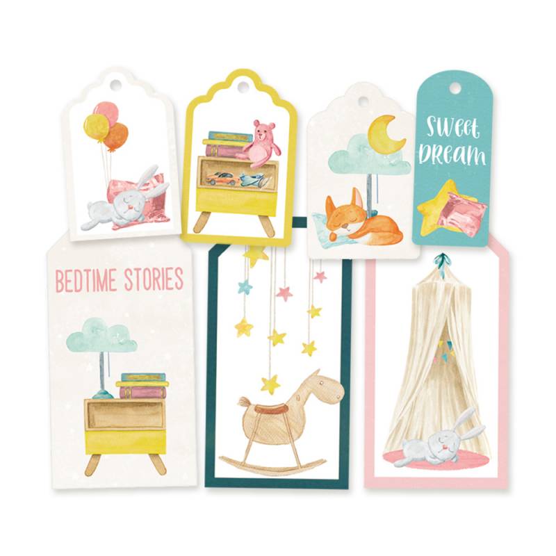 Etiquetas decorativas infantis com ilustrações de animais e texto em inglês.