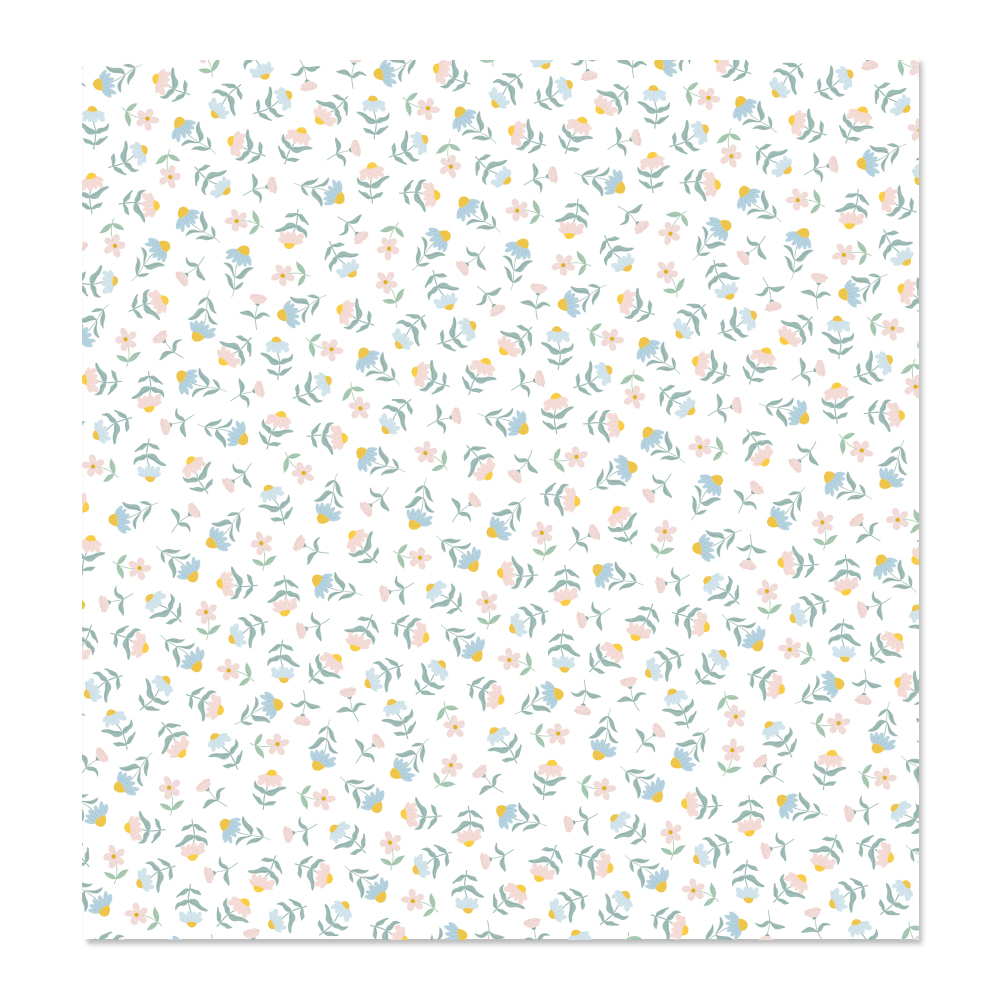 Papel decorativo com padrão floral pequeno em cores suaves sobre fundo branco