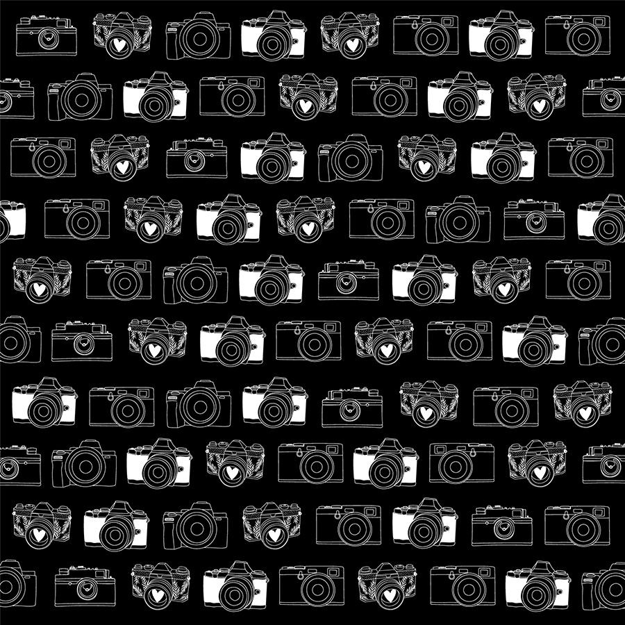 Padrão repetitivo de ilustrações de câmaras fotográficas em preto e branco