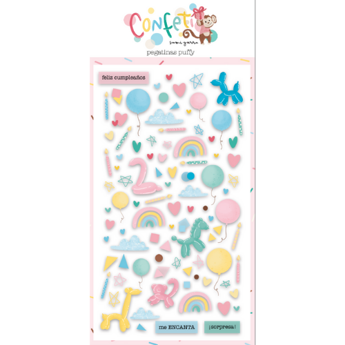 Autocolantes puff coloridos com temas de festa e mensagens em espanhol