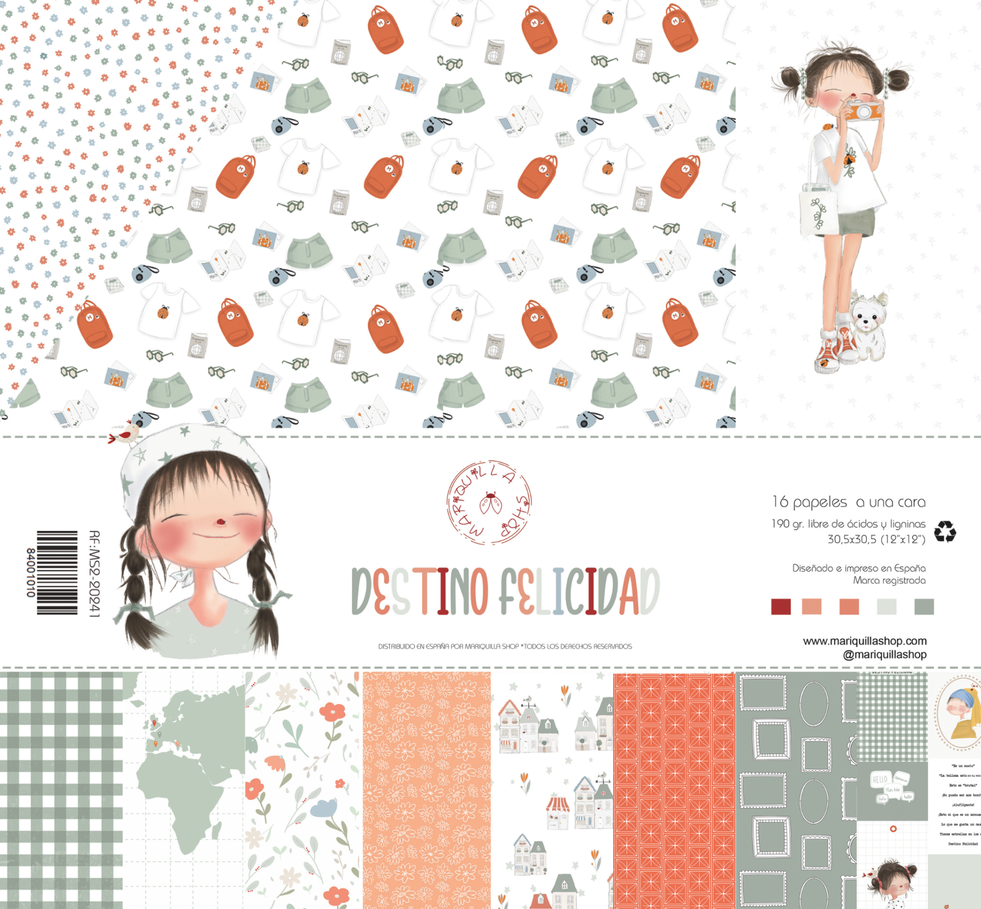 Papel decorativo para embrulho com padrões diversos e ilustração de menina com cãozinho