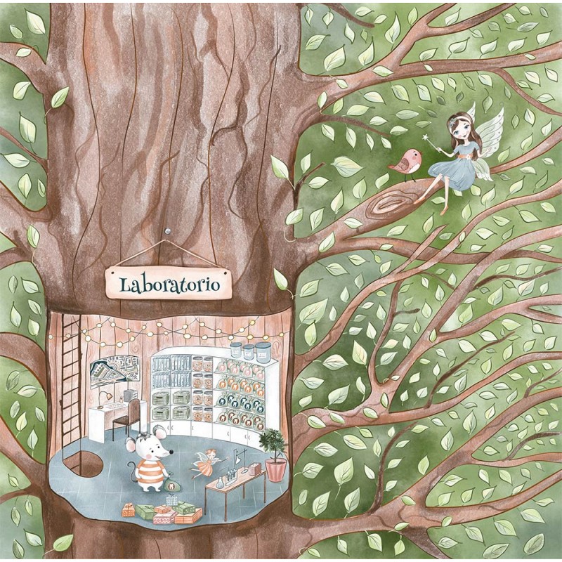 Laboratório dentro de um tronco de árvore com personagens e folhas verdes
