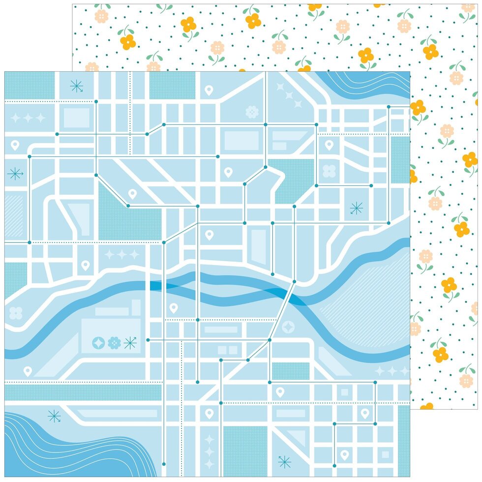 Papel decorativo com padrão de mapa azul e padrão floral com flores amarelas e cor-de-rosa