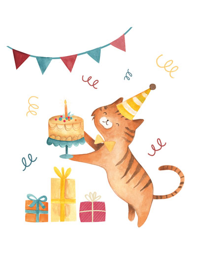 Gato em festa com bolo, presentes e decoração colorida