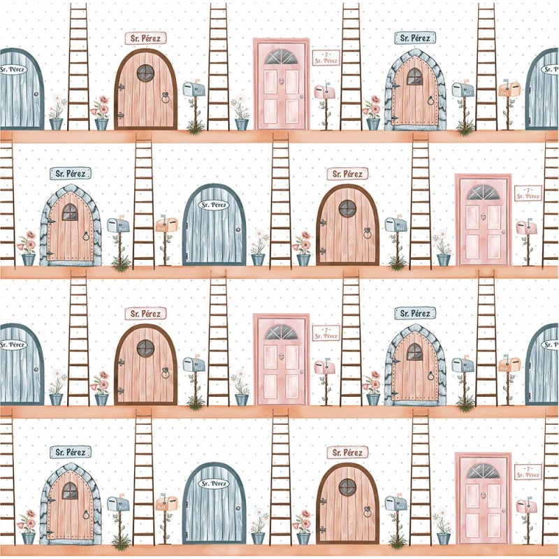 Padrão repetitivo de portas coloridas com placas Sr. Pérez, caixas de correio e plantas