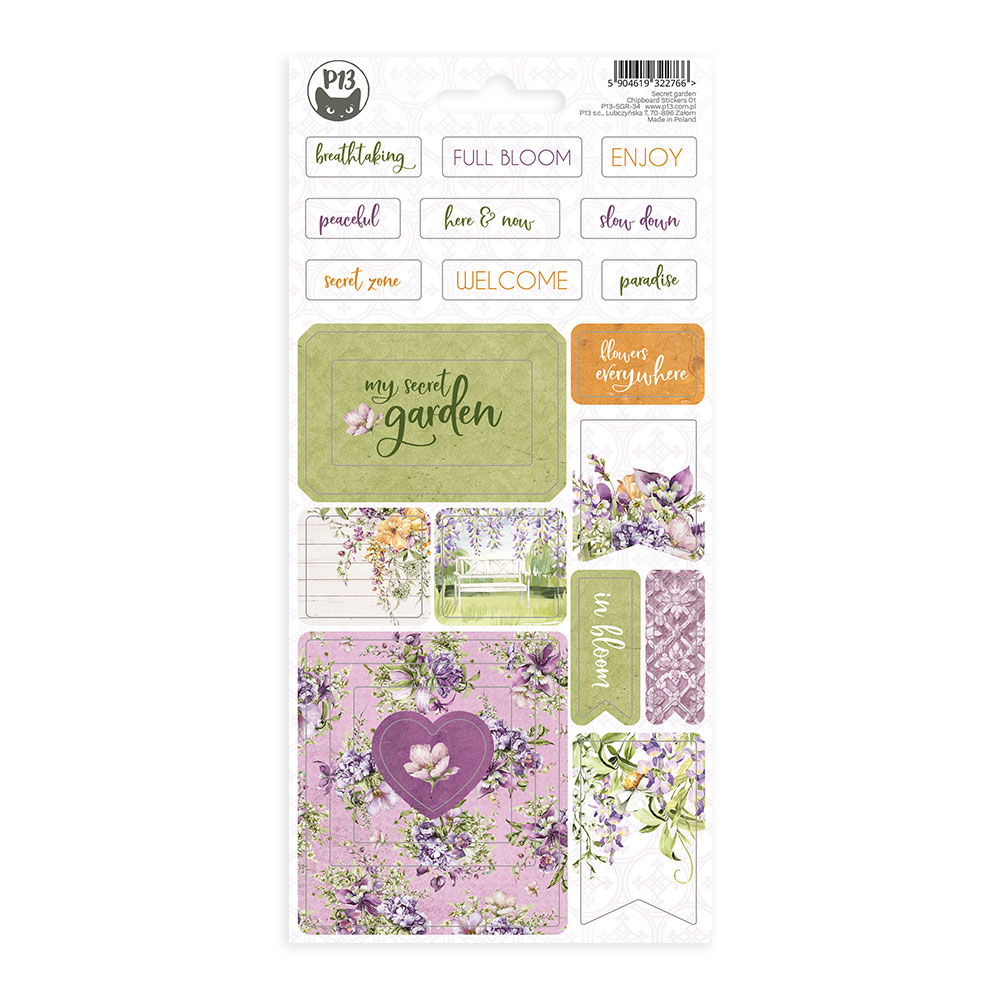 Folha adesiva decorativa com temas florais e texto em inglês para scrapbooking