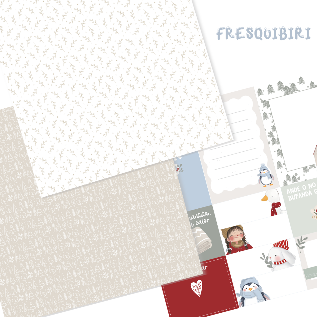 Folhas decorativas para scrapbooking com padrões de folhas e temas de inverno com pinguins e bonecos de neve.