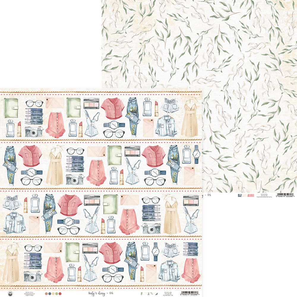Papel decorativo com padrão de folhas e ilustrações de roupa e acessórios diversos