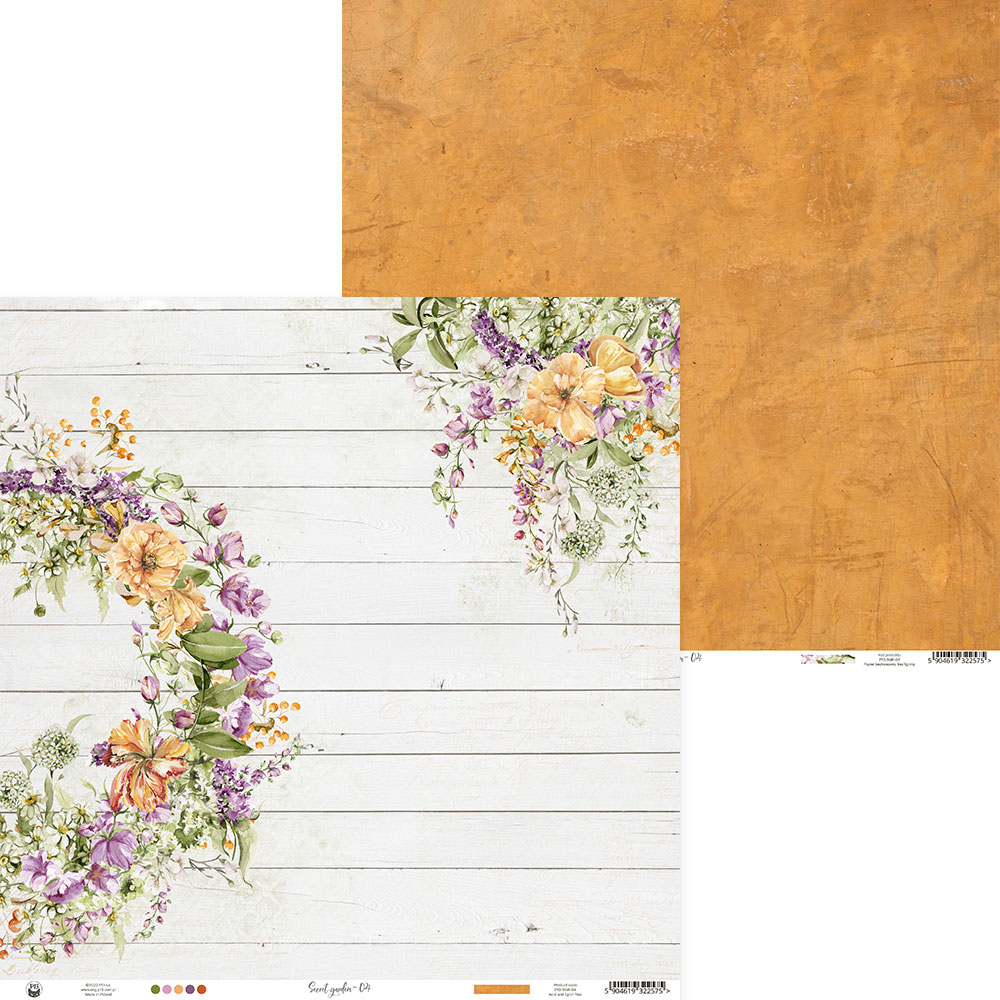 Papel decorativo floral para scrapbooking com fundo branco e verso laranja texturizado