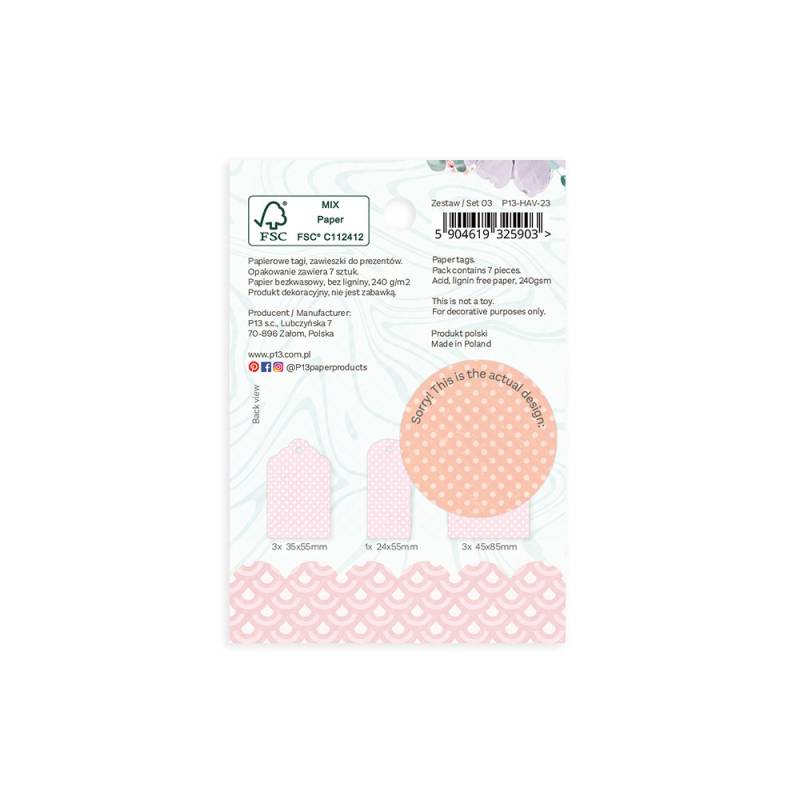 Embalagem de papel decorativo reciclado com padrão rosa e branco e informação em várias línguas