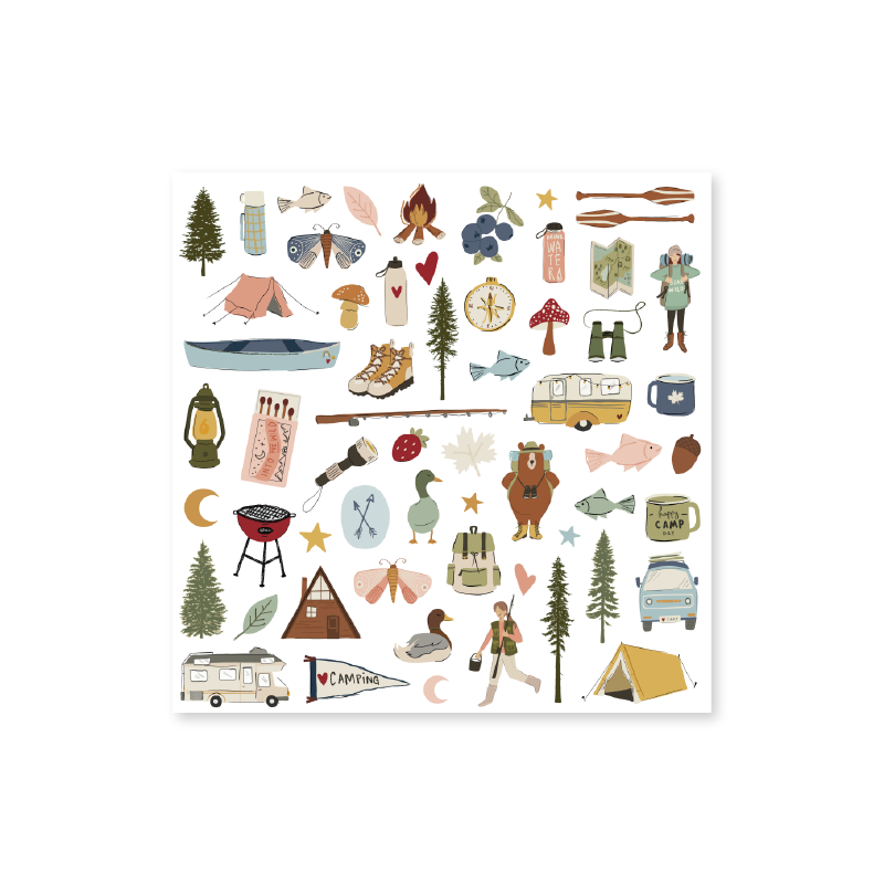 Ilustração de elementos de campismo e natureza sobre fundo branco