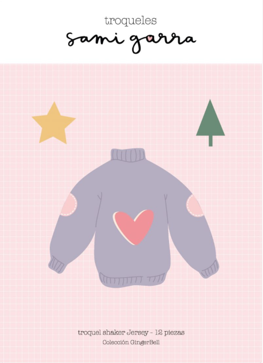 Ilustração de camisola lilás com coração rosa e cotoveleiras, com estrela e árvore, texto 'troqueles sami garra' e coleção GingerBell.