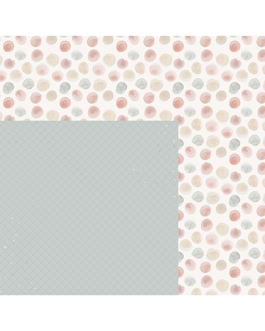 Papel decorativo com padrão de bolas coloridas e verso cinza com padrão de grade