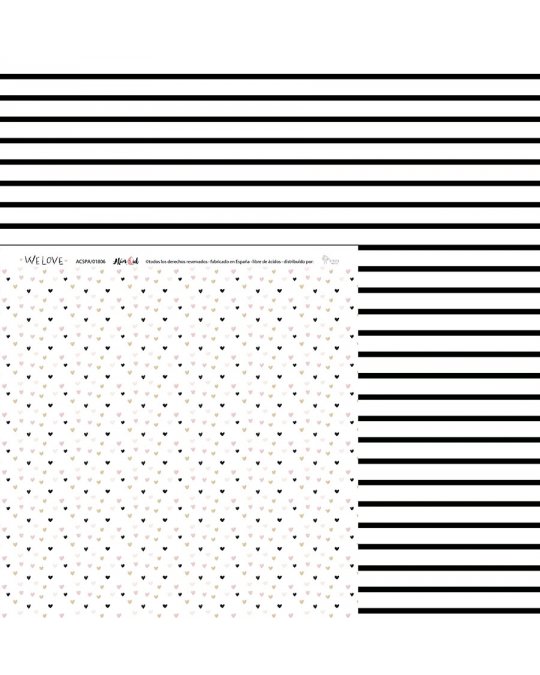 Papel decorativo com padrão de corações coloridos e faixas pretas