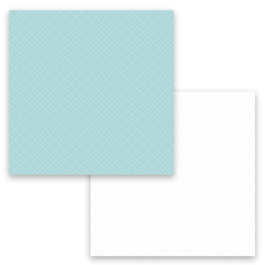 Papel decorativo azul claro com padrão de linhas brancas e papel branco com pontos cinzentos