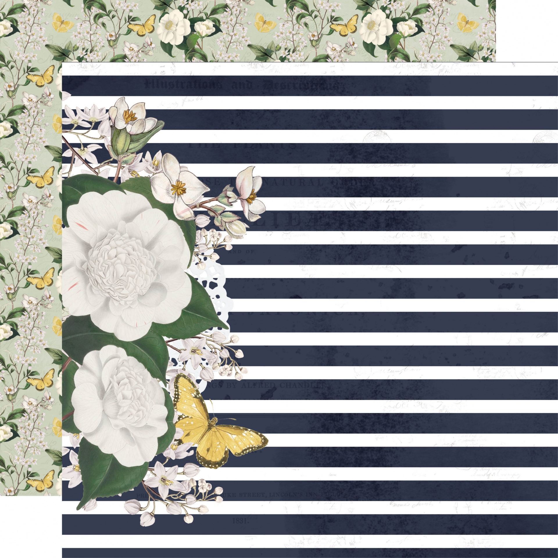 Papel decorativo com flores brancas, borboletas amarelas e riscas azul-marinho e branco