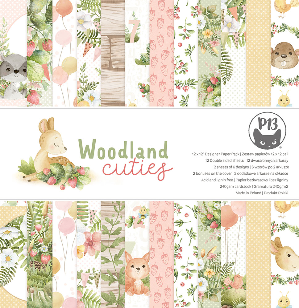 Papel decorativo Woodland Cuties com padrões de animais da floresta, flores e texturas coloridas
