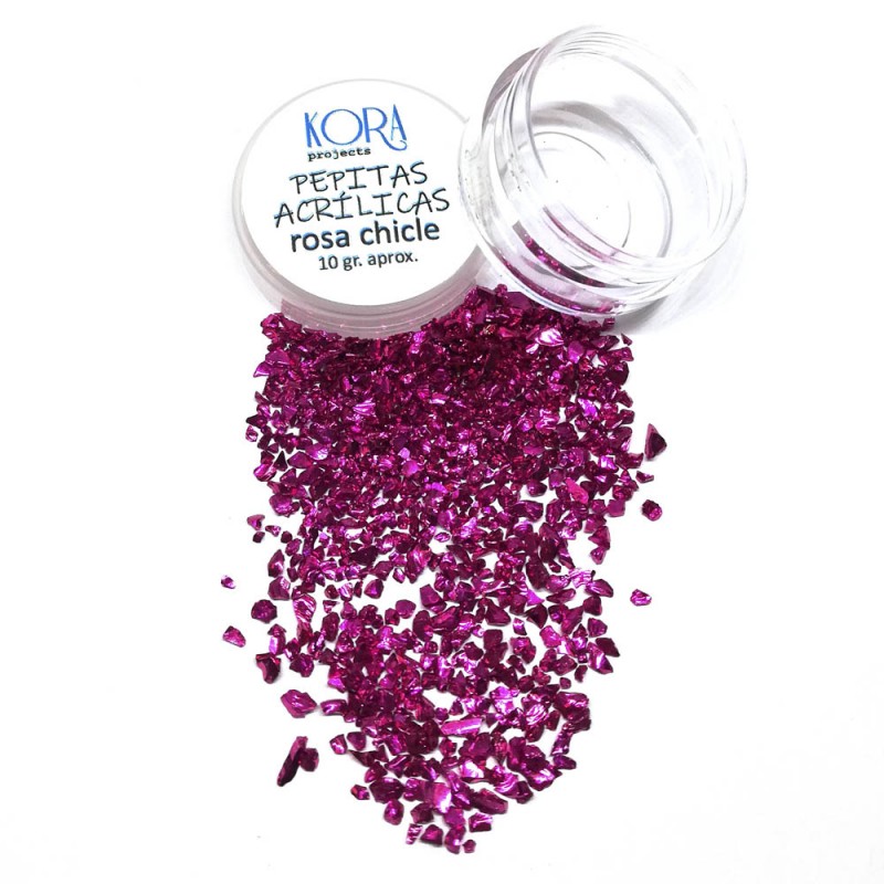 Frasco transparente com pépitas acrílicas rosa chicle e tampa branca com texto impresso