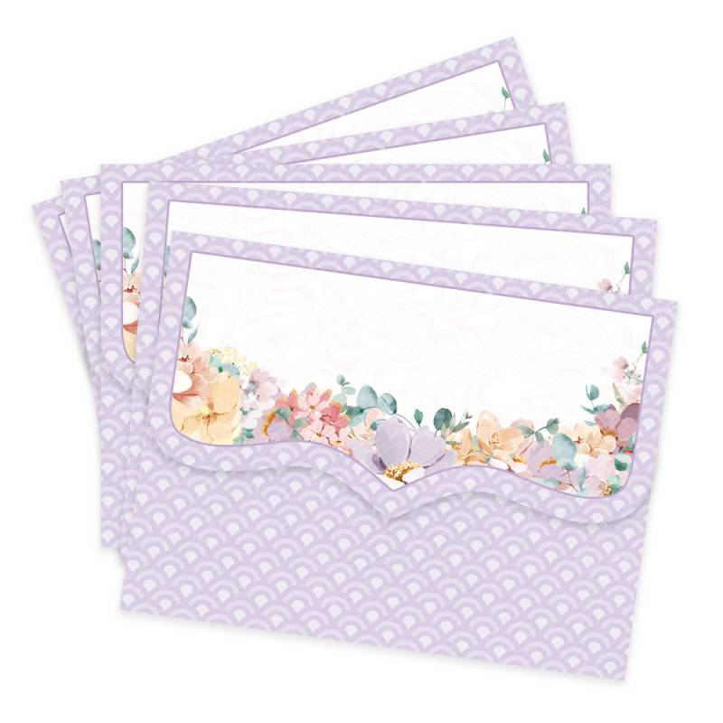 Conjunto de cinco envelopes lilás com padrão geométrico e decoração floral.