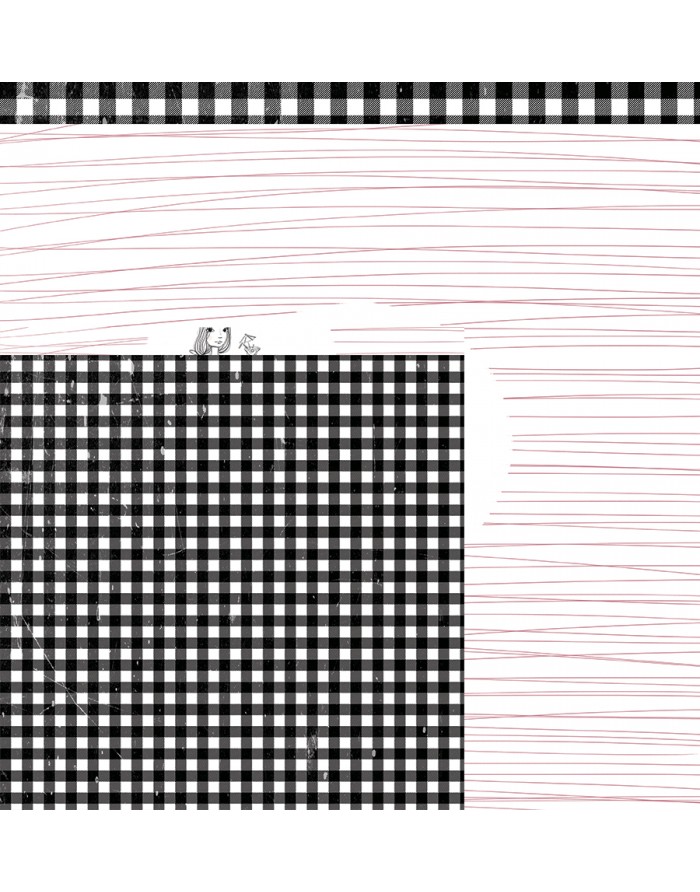 Tecido quadriculado preto e branco com pequenos pássaros e textura de madeira com linhas vermelhas