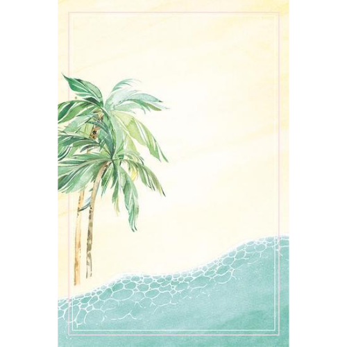 Ilustração de palmeiras verdes e faixa azul clara com padrões brancos