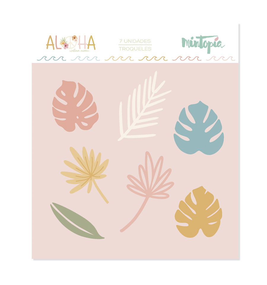 Conjunto de 7 troquelados de folhas coloridas em papel com embalagem ALOHA Mintopla