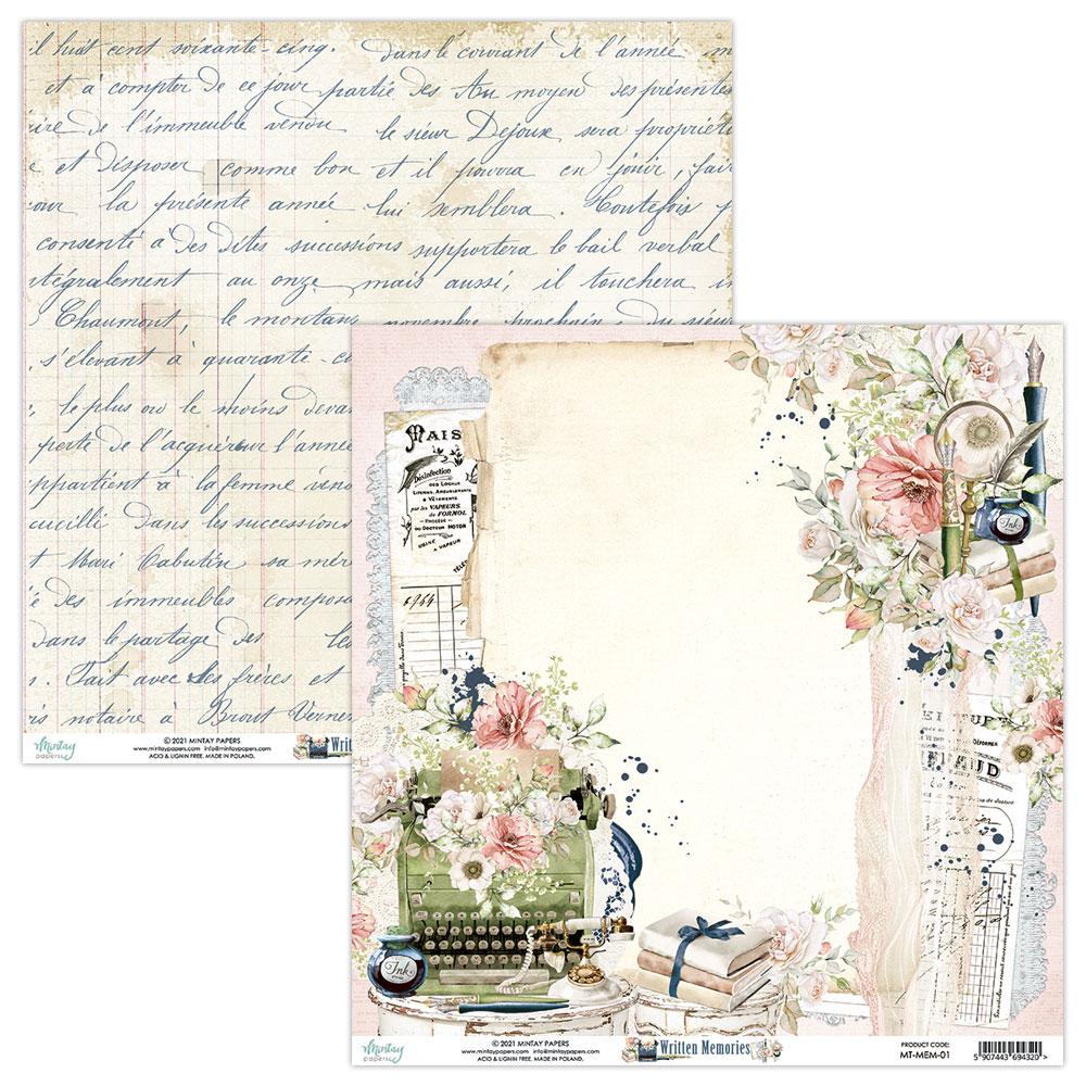 Papel scrapbooking vintage com texto manuscrito, flores, máquina de escrever e livros