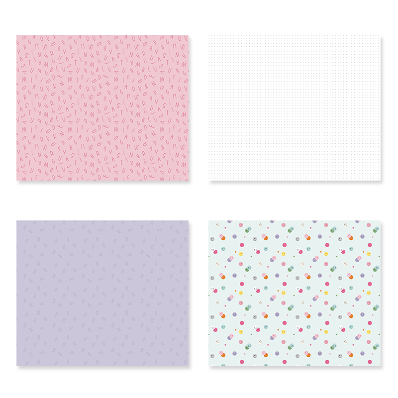 Quatro folhas de papel decorativo com padrões diversos, em rosa, lilás, branco e azul claro.