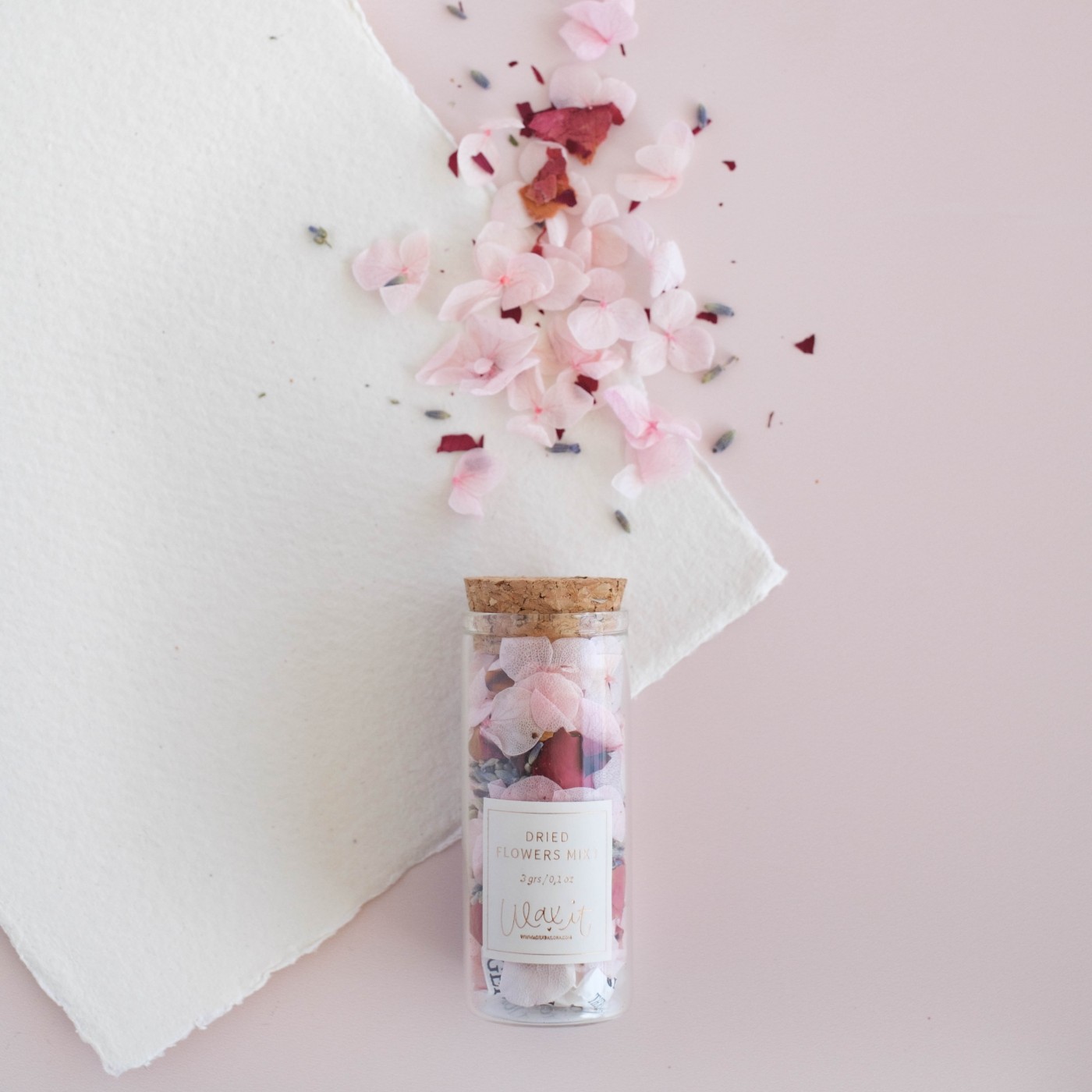 Frasco de vidro com pétalas secas e tampa de cortiça, sobre fundo branco e rosa