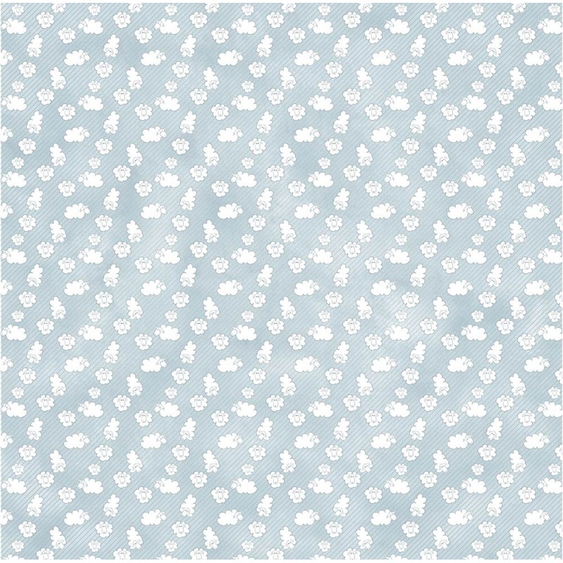 Tecido azul claro com padrão de flores brancas