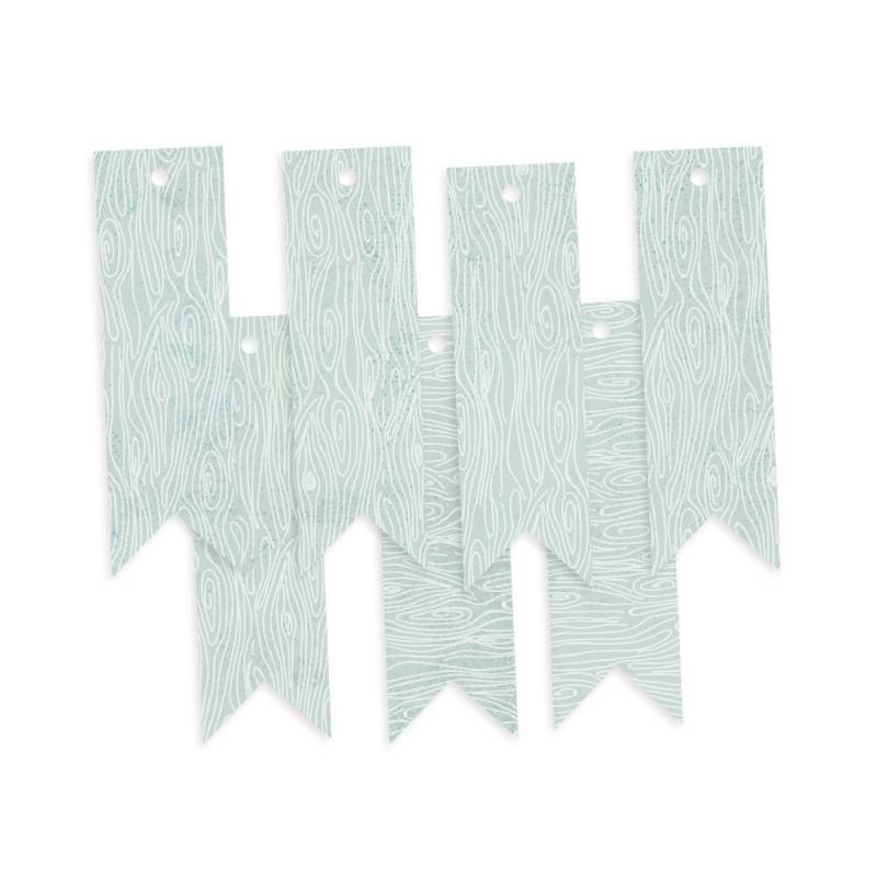 Marcadores de papel azul claro com padrão de madeira e orifícios para pendurar