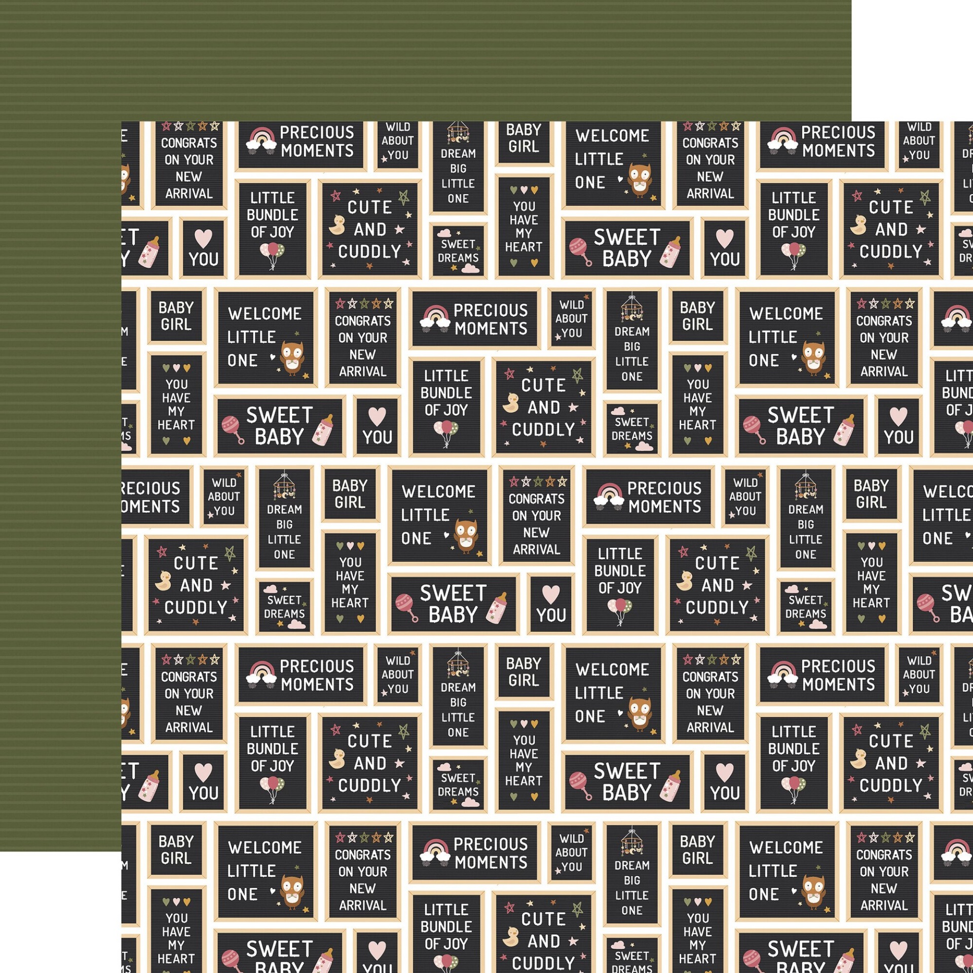 Papel de parede com frases sobre bebés e ícones em fundo preto e texto colorido