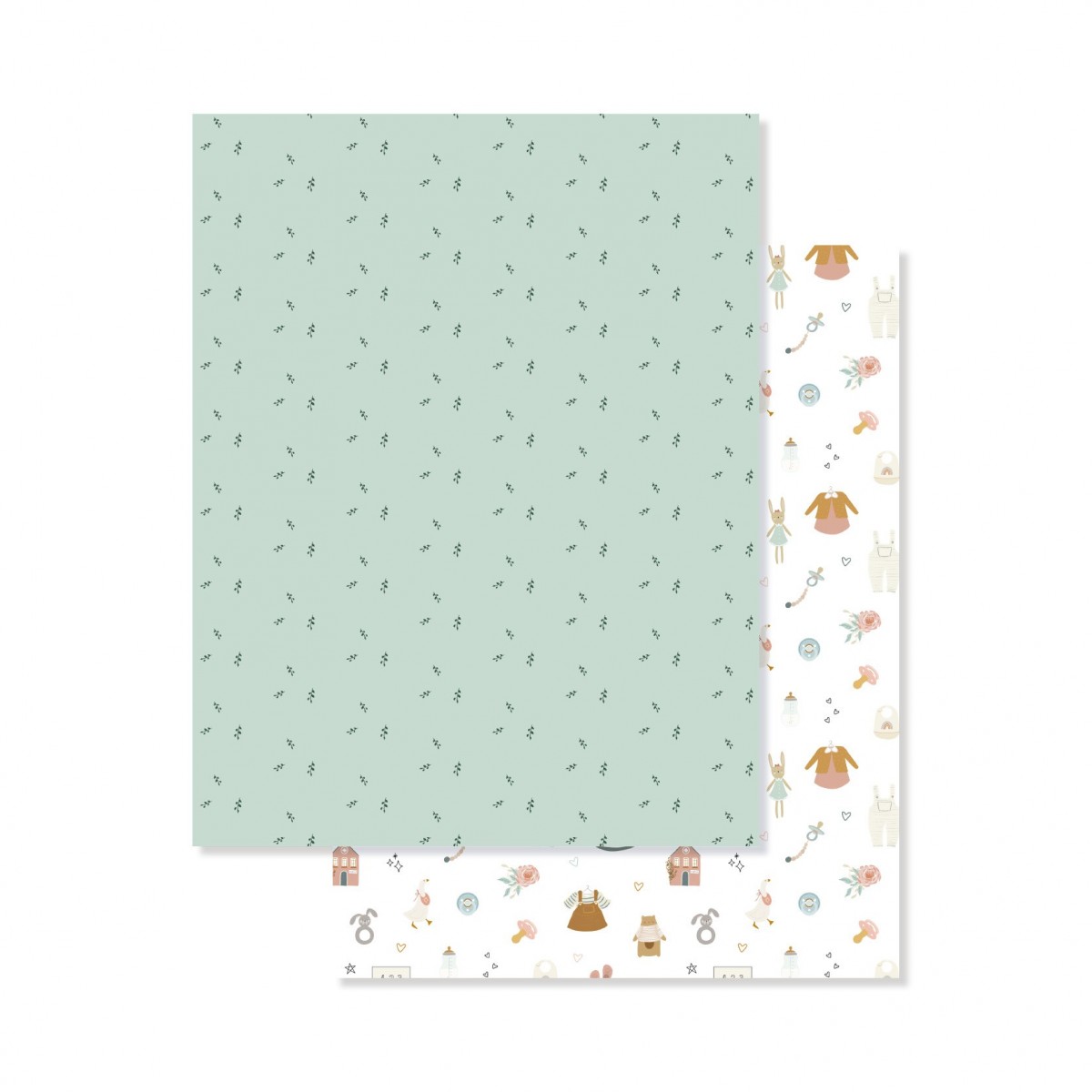 Papel decorativo duplo com padrões infantis coloridos e folhas pretas em fundo verde água.