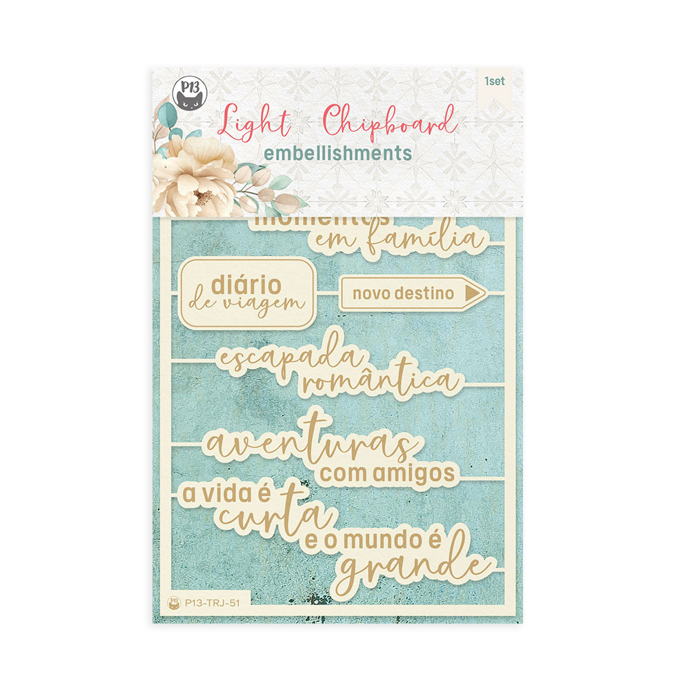 Embellishments Light Chipboard com frases em português em tom bege claro