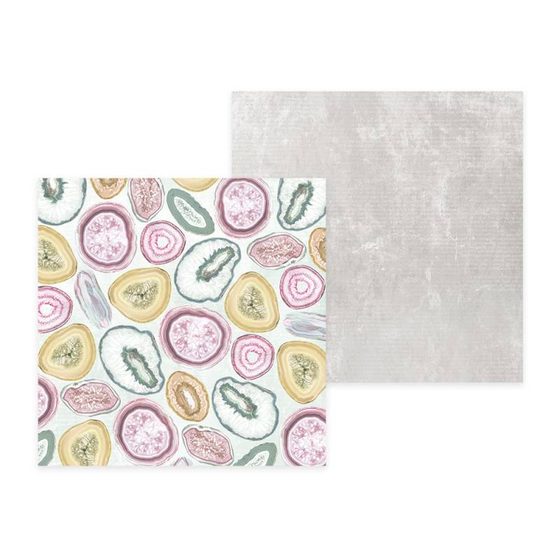 Dois quadrados de papel decorativo, um com padrão de pedras coloridas e outro cinza texturizado